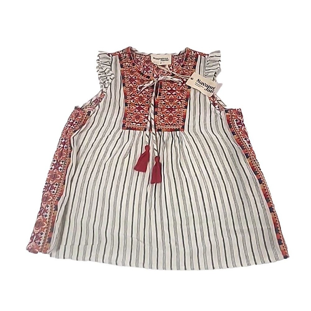Savanna Jane Embroidered Boho Striped Top M Cotton/Linen Flutter Sleeve Tassles